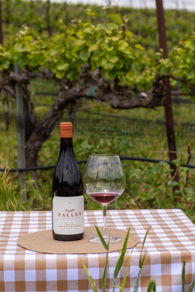 Bottle of Don's Legacy Blend and a glass - Rhône blend with Grenache and Syrah